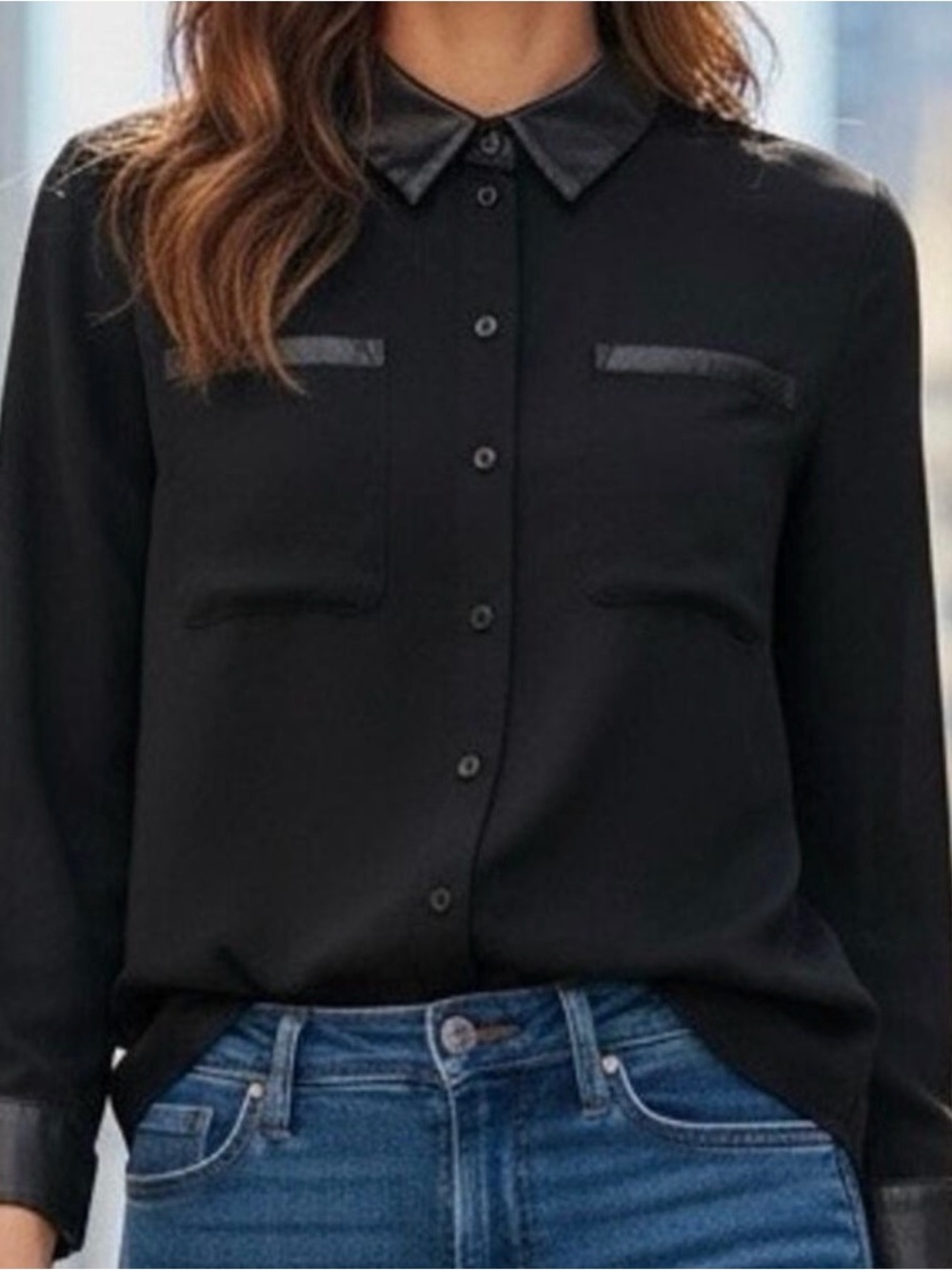 LAUNDRY by Shelli Segal Black Faux-Leather trim Collar button down Blouse